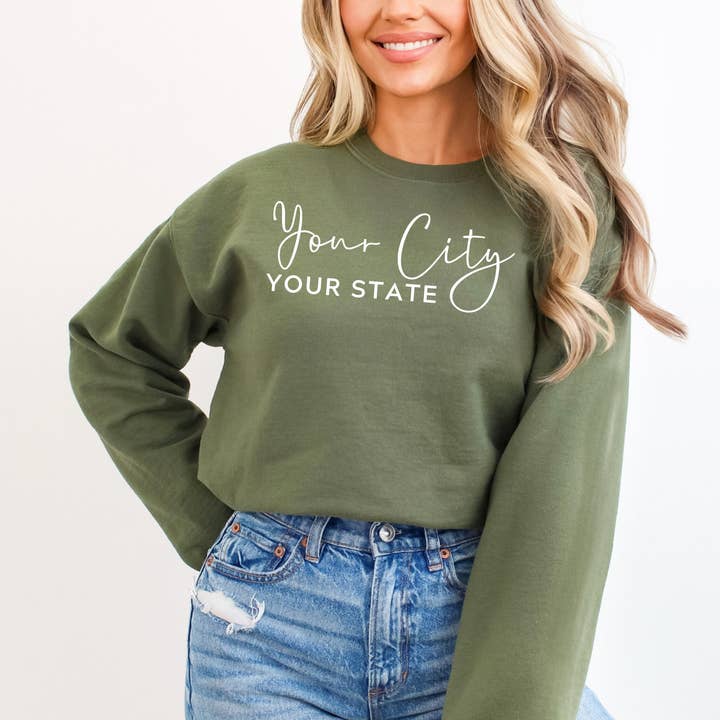 Custom City State or Text Personalized Crewneck Sweatshirt for wholesale by Faith & Life Christian Brands