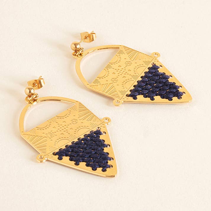 BADJI ethnic gold earrings embroidered with colored cotton for wholesale by CAMILLE ENRICO