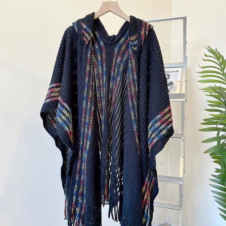 Rosa Clothing - Wholesale Cape - Women's - Bohemia Ethnic knit hooded Ruana Cape0