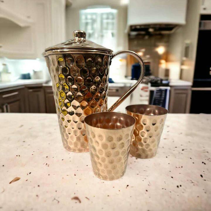 Set of 1 Deep Hammered & Shiny Copper Pitcher and 2 Tumblers for wholesale by Ambiente Home Décor
