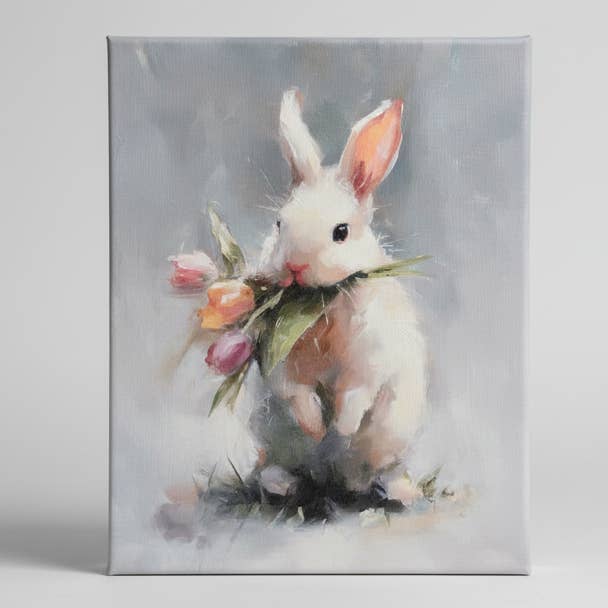 Spring summer home decor, floral canvas art print, bunny for wholesale by Rustic Nester