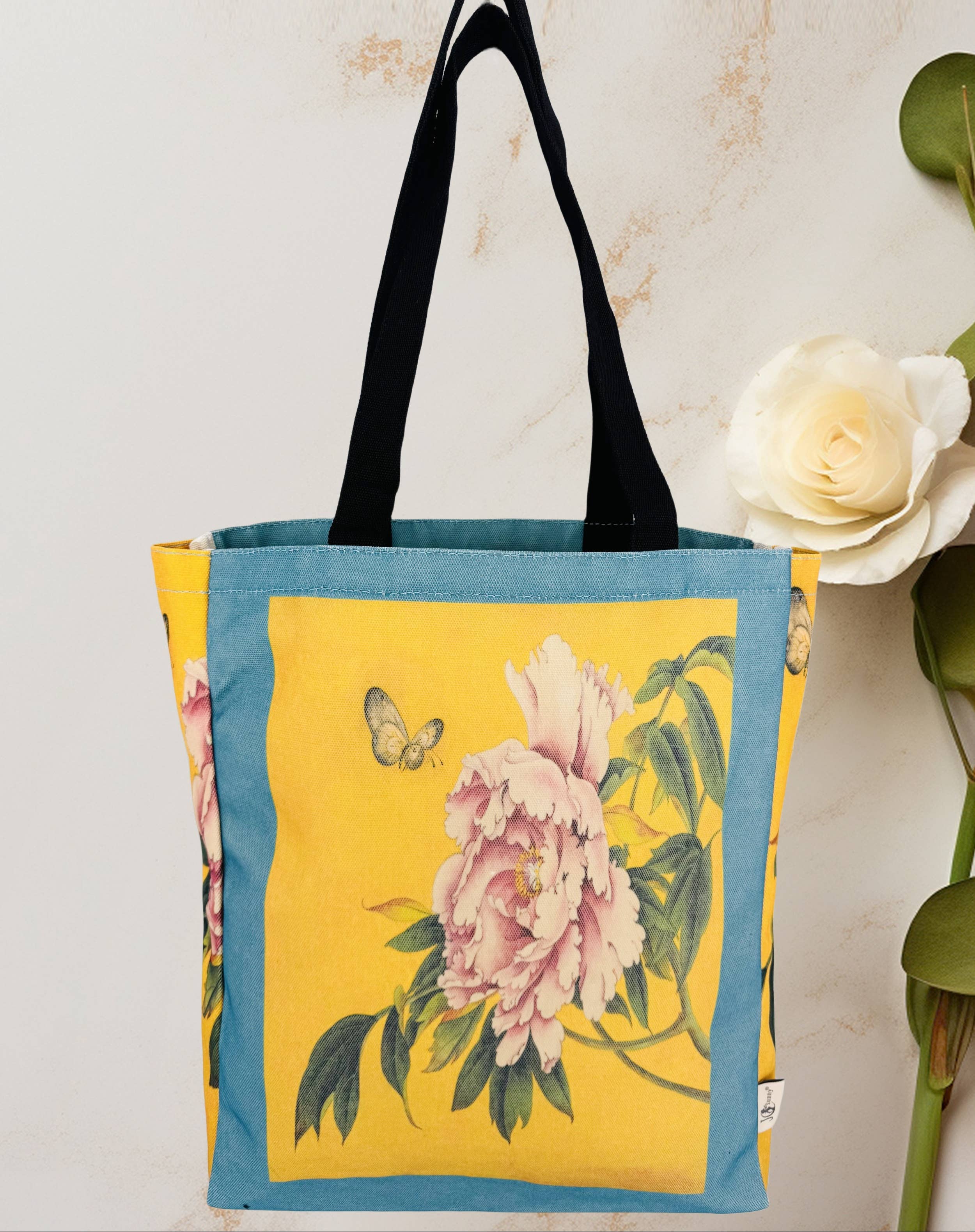 JC Sunny Fashion – wholesale Tote bag – Women's – JCB16 Teal-Yellow Peony Luxury Thick Canvas Tote with Side Gusset1