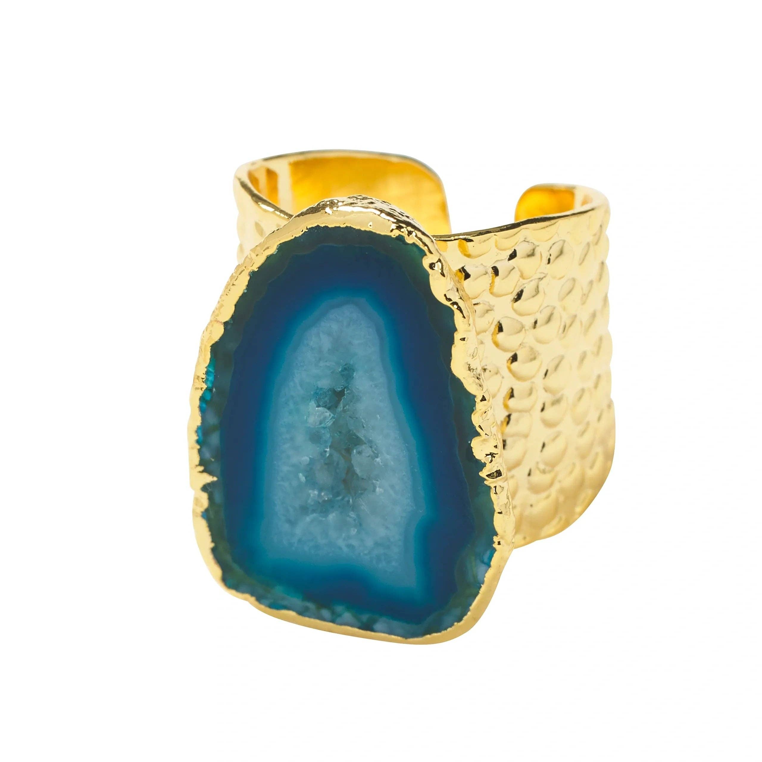 YAA YAA LONDON - Wholesale Cocktail/statement ring - YAA YAA LONDON 'MEGA' Ocean Blue Semi Precious Stone Gold Statement Ring