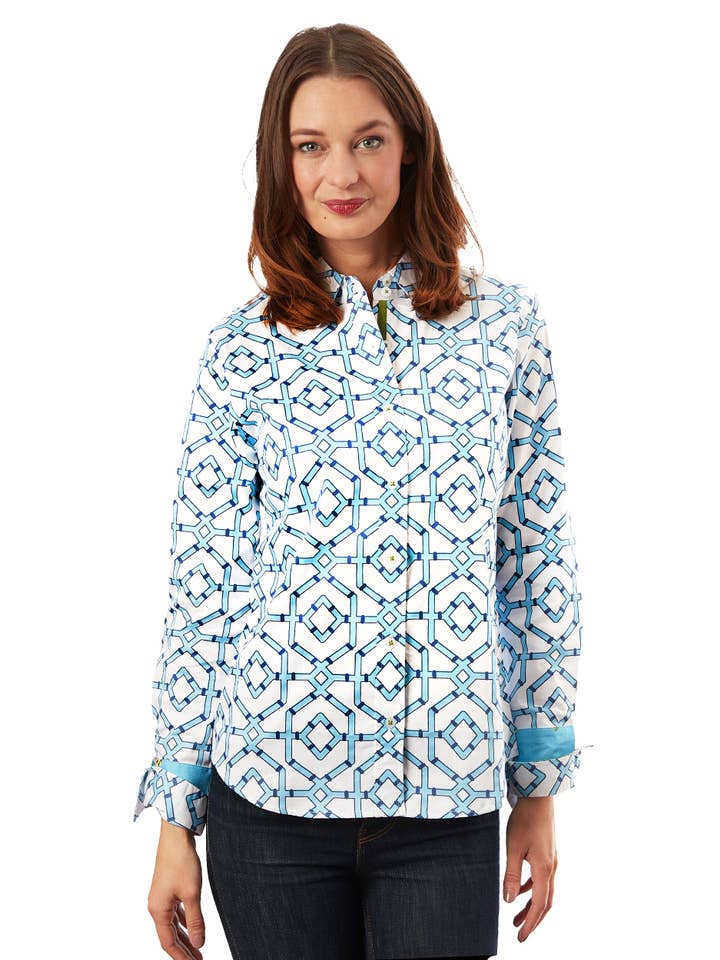 Dizzy-Lizzie - Wholesale Button Down Shirt - Women's - Rome Shirt Blue White Wicker Print