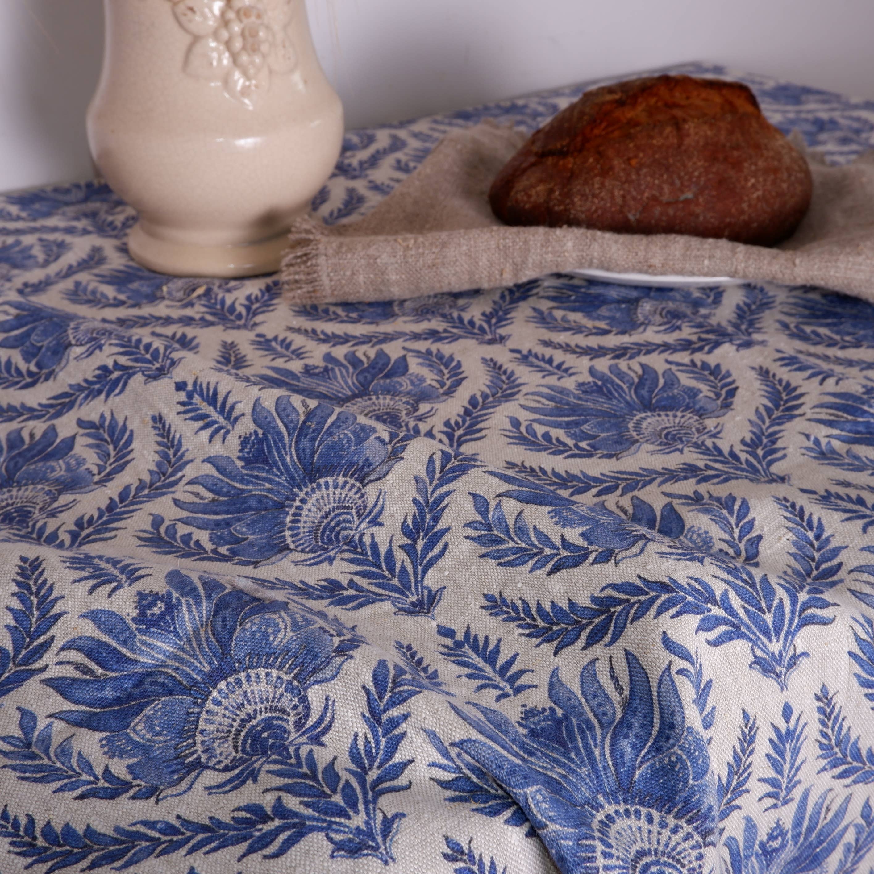NorraVilla – wholesale Tablecloth – Linen Tablecloth in French block print on oatmeal linen1