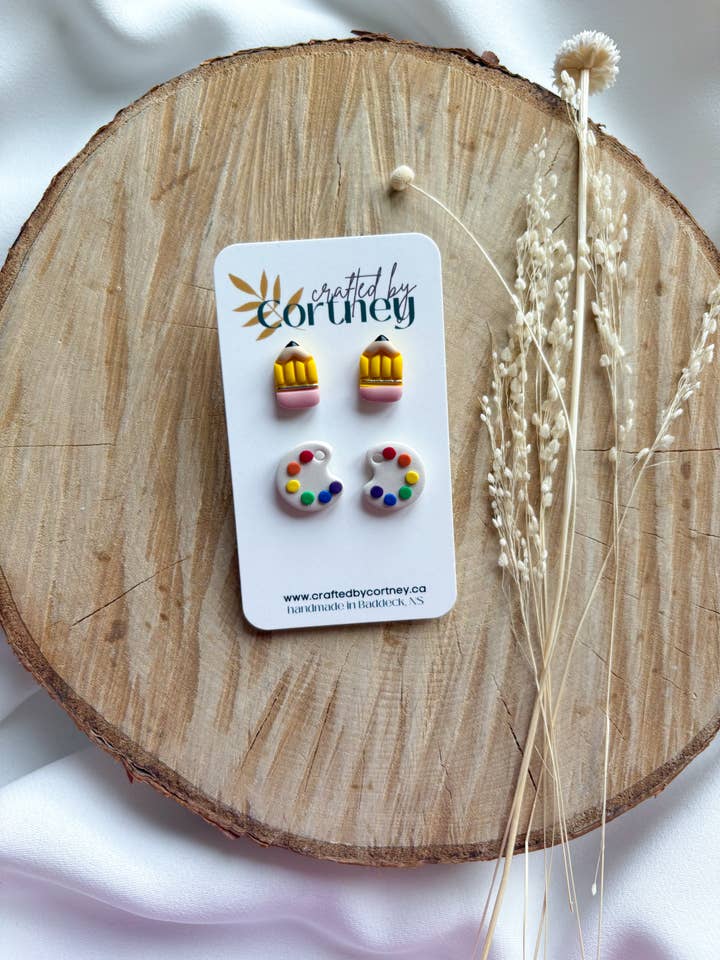 Pencil & Paint Palette Stud Duo for wholesale by Crafted by Cortney