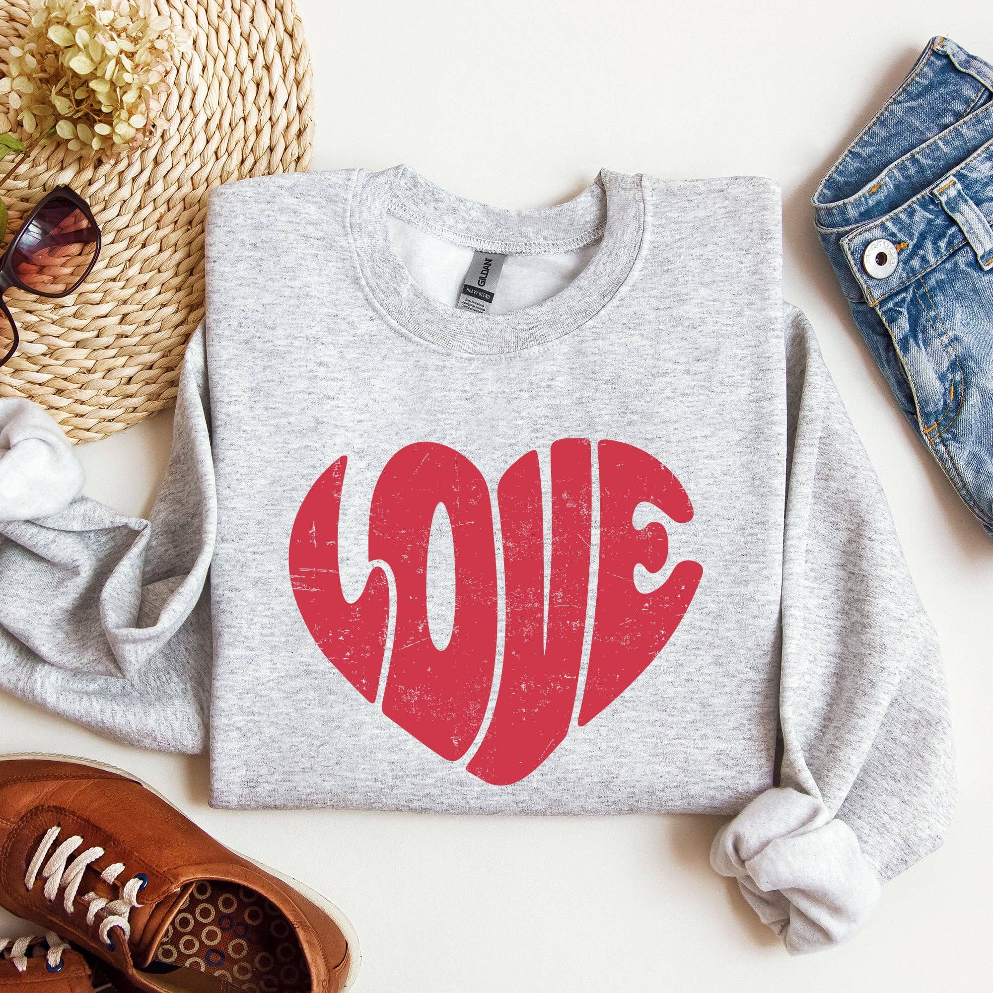 Refinery Number One LLC - Wholesale Graphic Sweatshirt - Women's - Retro Love Heart, Vintage, Sweatshirt, Valentine's Day0