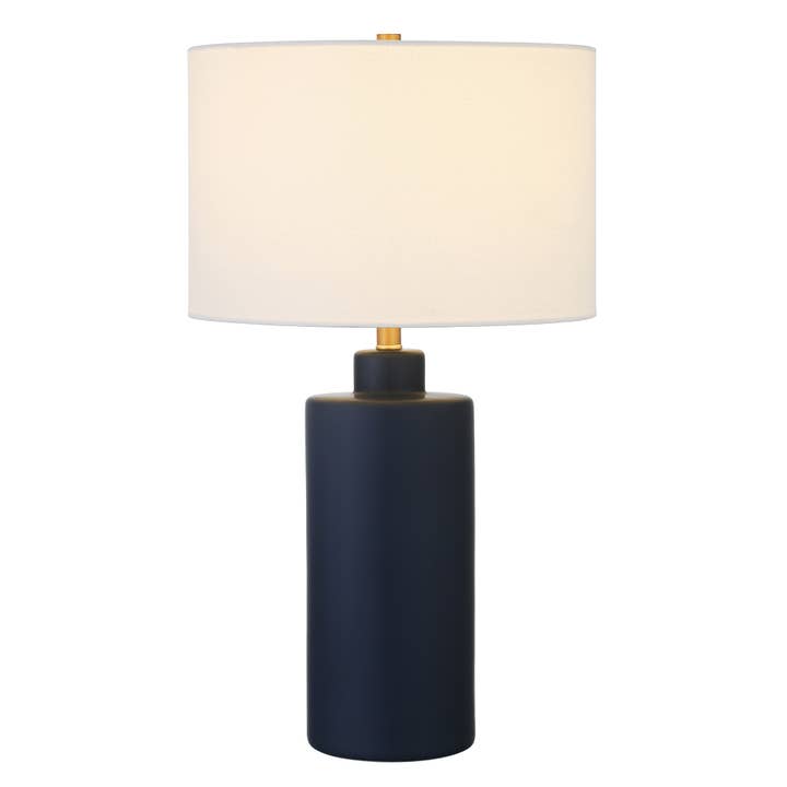 HomeRoots – wholesale Accent-/skrivbordslampa – 25 ”Marinblå keramisk cylinderbordslampa med trumskärm