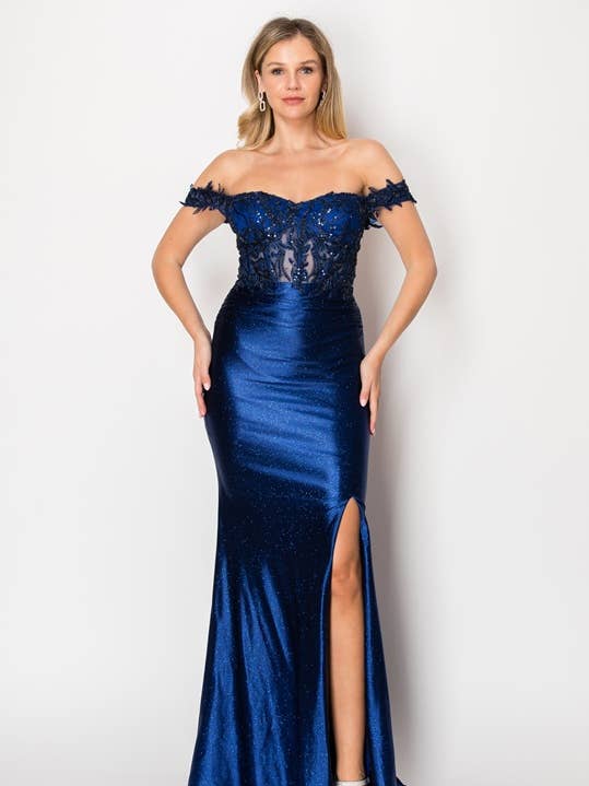 Long off the shoulder stretch satin dress with sequins J054 for wholesale by Chicas