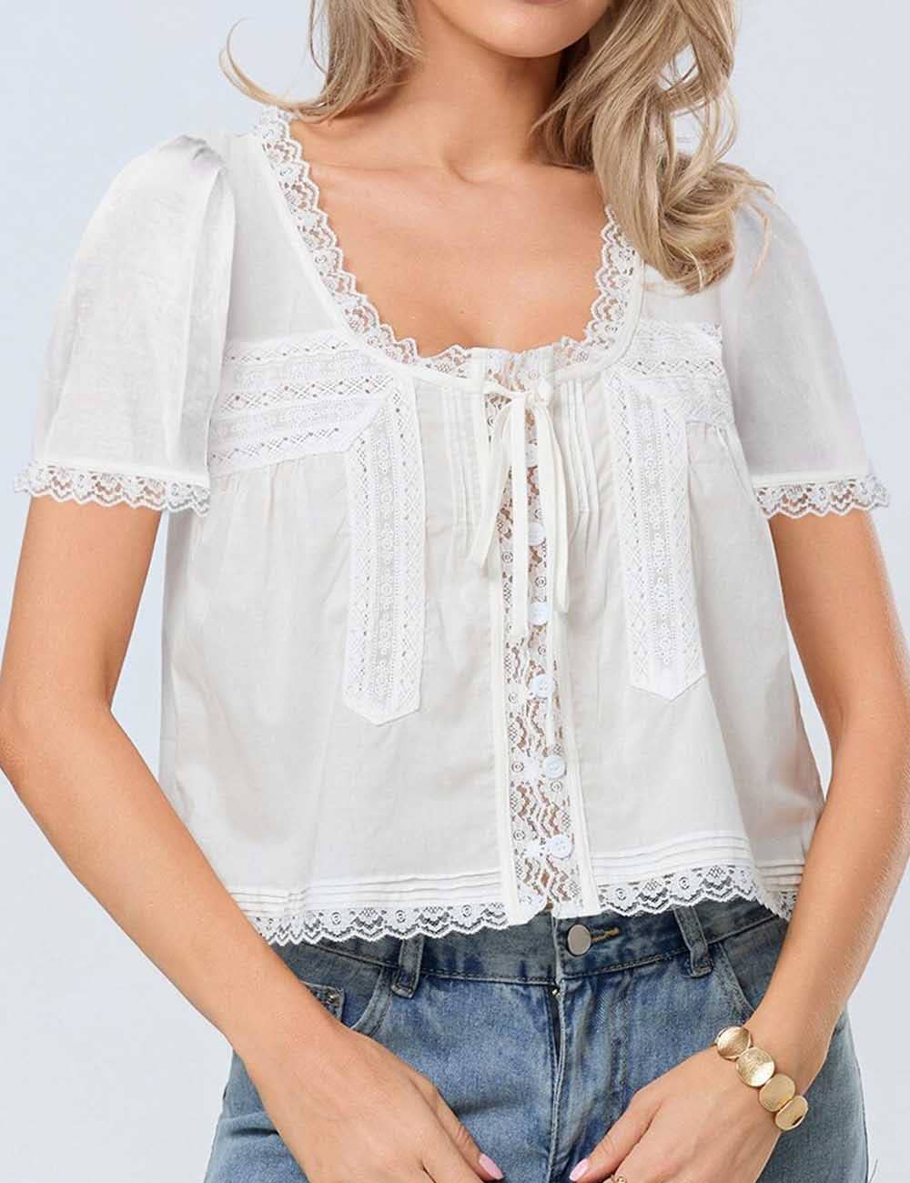 Sweetkama - Wholesale Blouse - Women's - Ladies Solid Color Square Neck Lace Front Tie Top0