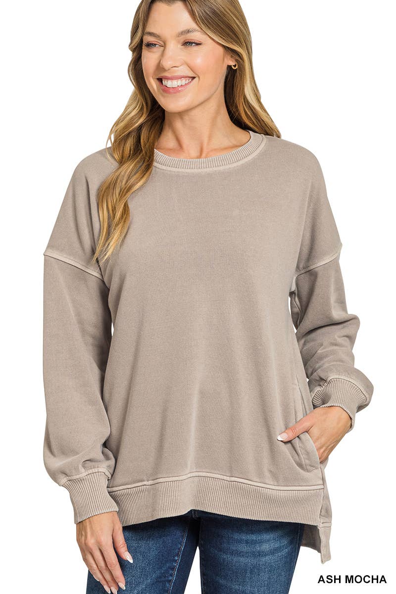 Vanilla Monkey - Wholesale Sweatshirt - Women's - Pigment Dye Fleece Hi-low Hem Pullover With Pocket0