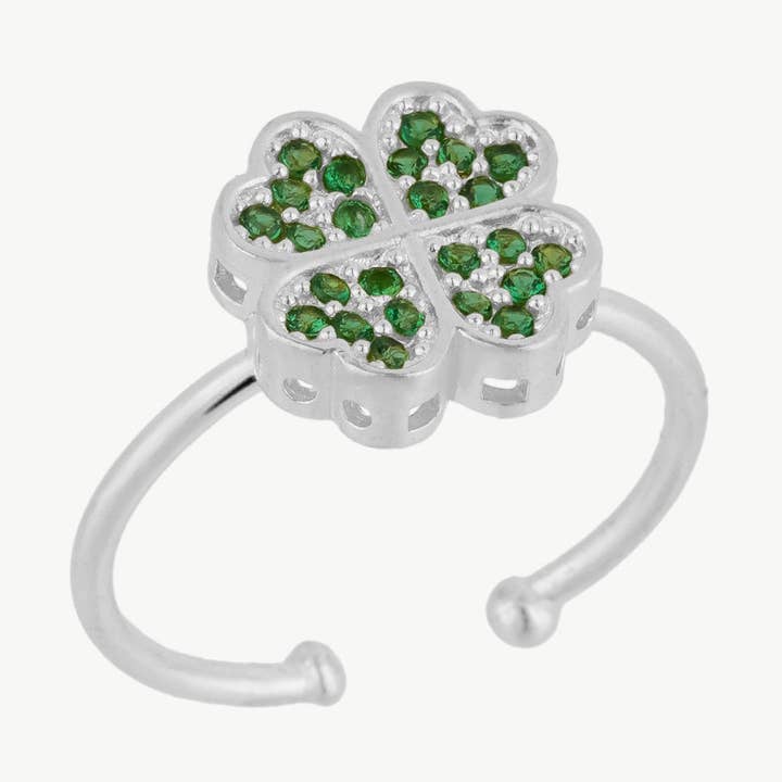 Anel de Trevo de Quatro Folhas em Prata com Pedras Preciosas Verdes por atacado de Mejoma