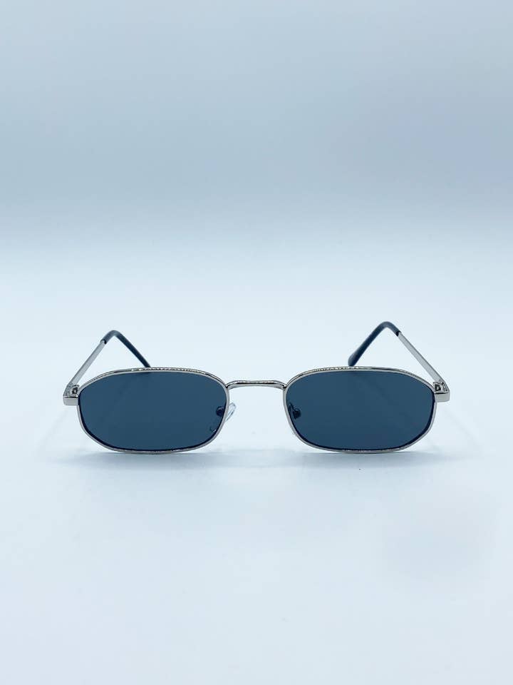 Slim Oval Metal Frame Sunglasses In Silver Black for wholesale by AFA COLLECTIVE