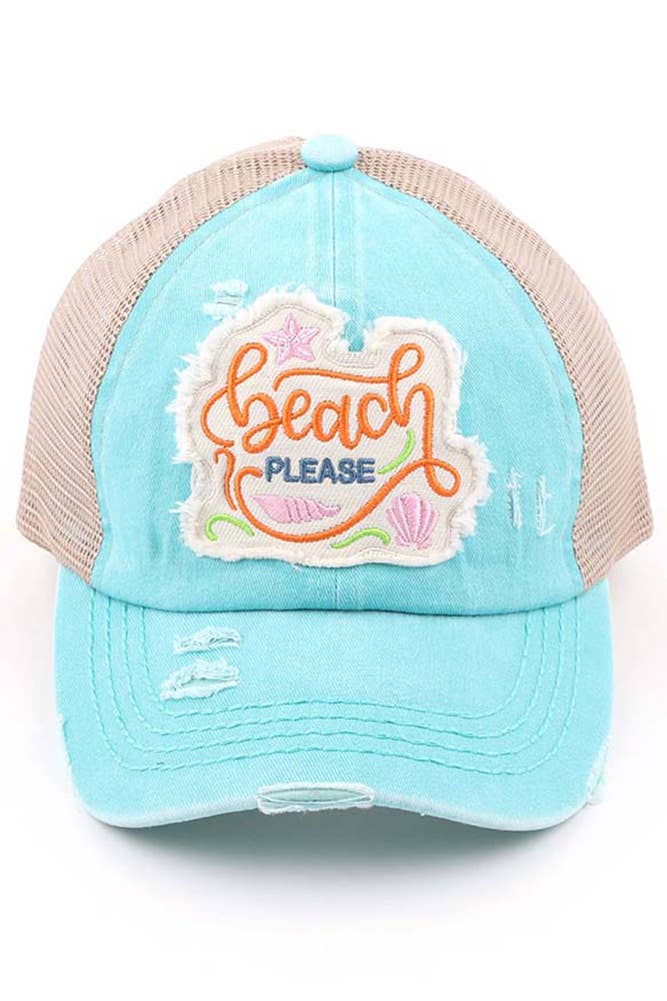 Hana - Wholesale Ponytail Cap - Women's - C.C Beach Please Patch Distressed Pony Baseball Cap2