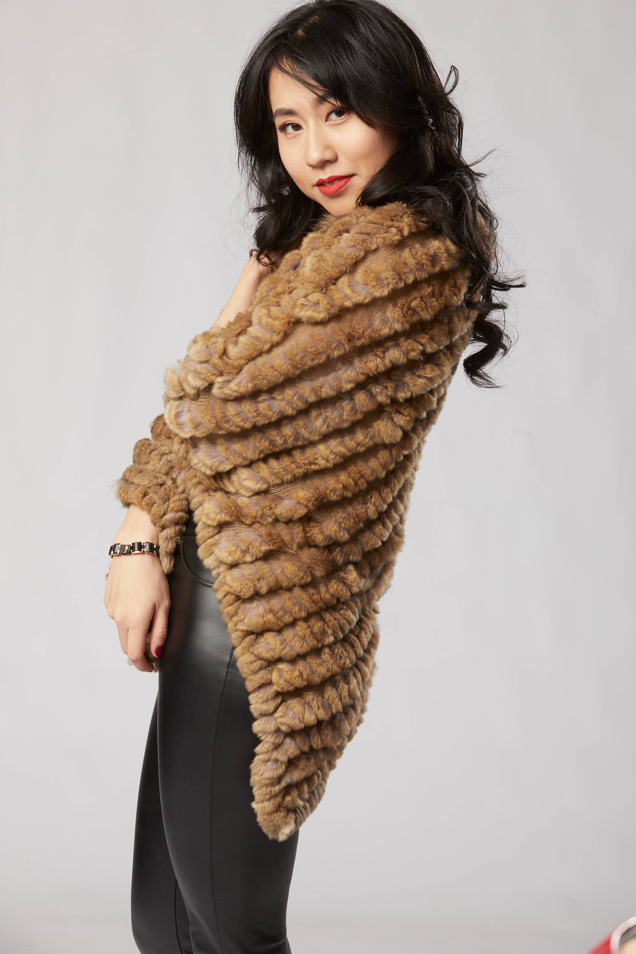 Opulence Fluff - Wholesale Poncho - Women's - Elena Long Poncho - Multi Brown1