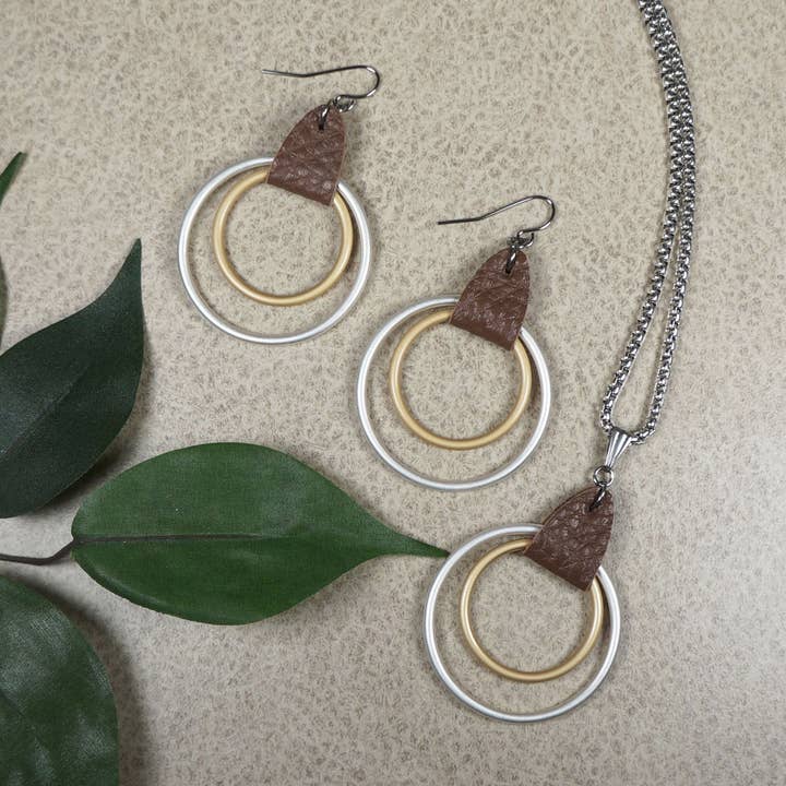 Rustic Mixed Metal Gold and Silver with Leather Boho Hoop Circle Statement Earrings, Necklace or Necklace and Earring Set, Stainless Steel, Platinum for wholesale by Jewelry by Dawn