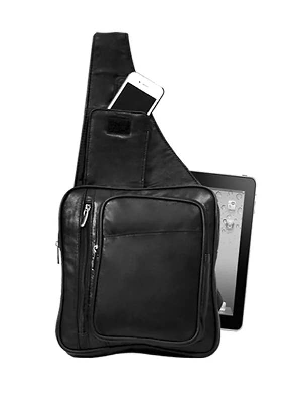 RM001L BK Cowhide Sling bag with mesh water and phone holder for wholesale by Roma Leathers, Inc.