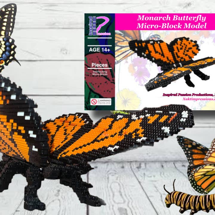 Modèle de brique à microblocs Monarch Butterfly, conçu et emballé aux États-Unis pour la vente par Inspired Passion Productions,LLC