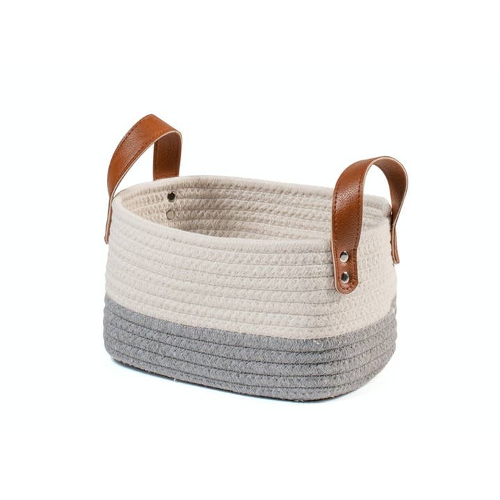 Cesta de algodón blanco y gris con asas de cuero sintético. para venta al por mayor de H&H