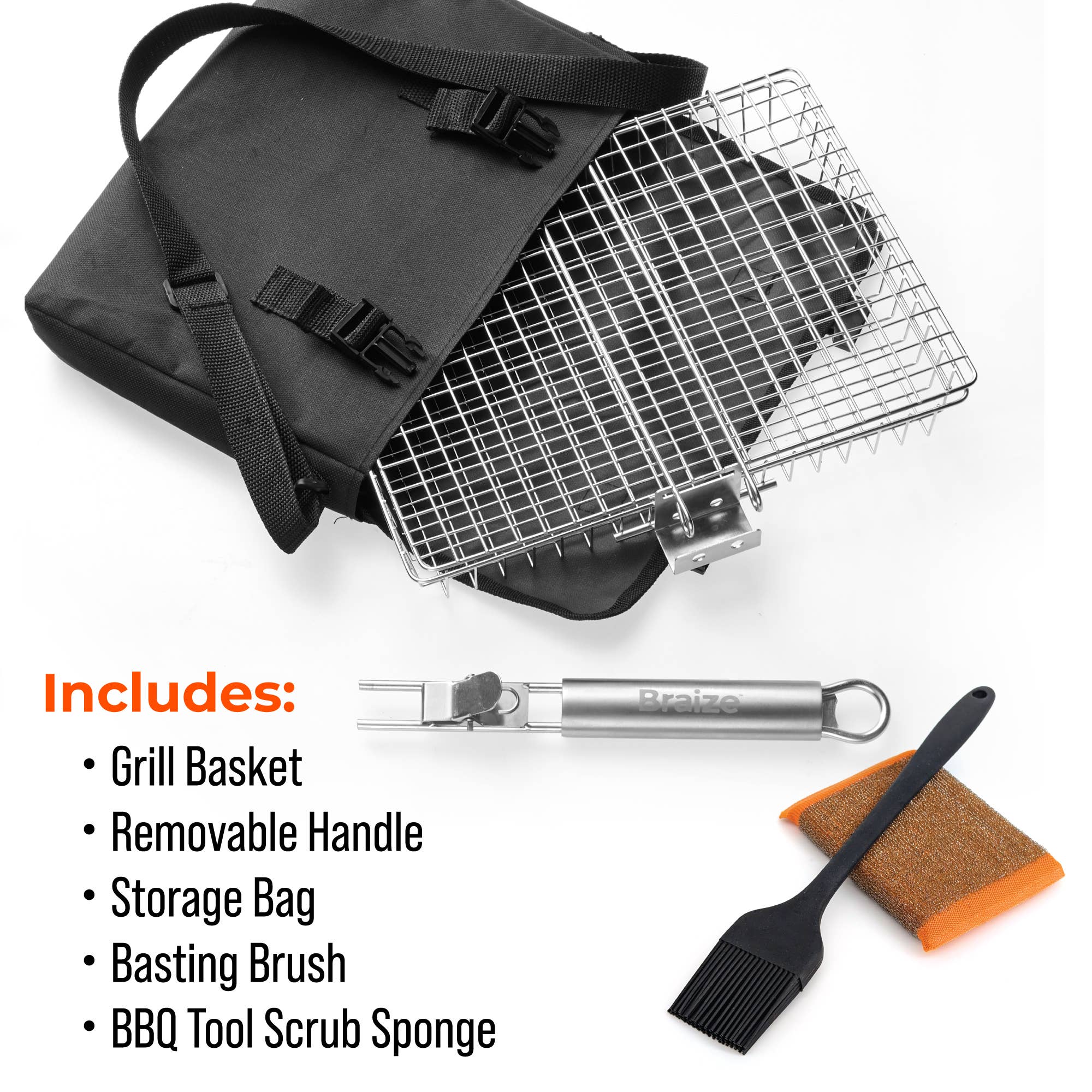 Braize – wholesale Outdoor grill tools – Grill Basket Set with Lid, Handle, Sponge & Basting Brush2