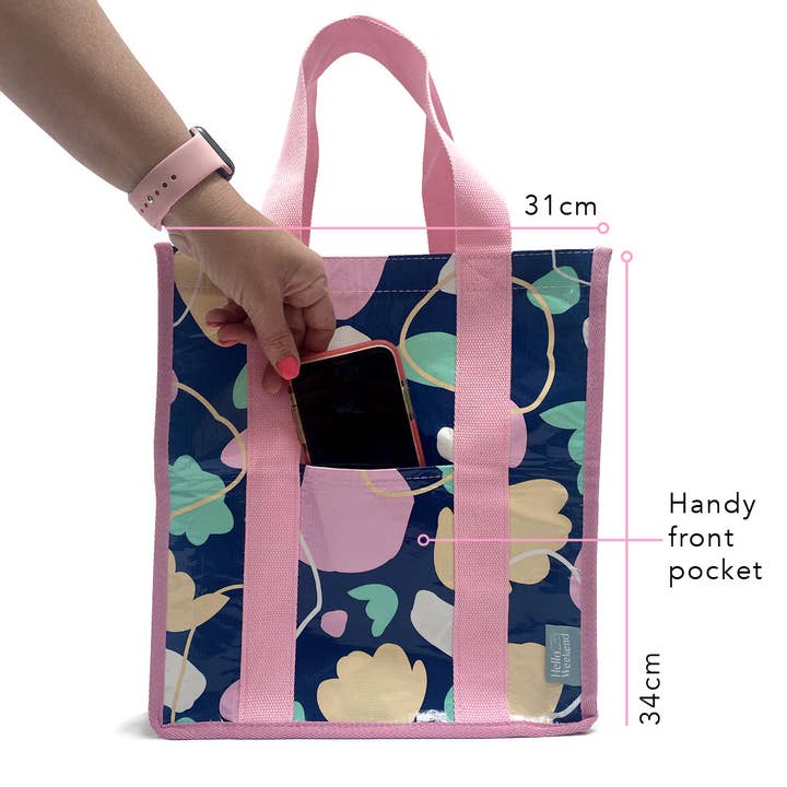 Hello Weekend - Wholesale Grocery/shopping bag - Pink & Aqua Flowers - Daily Market Tote Bag with Pocket2