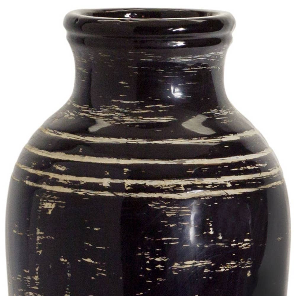 HomeRoots - Wholesale Vase - 18" Ceramic Black and Ivory Striped Round Floor Vase3
