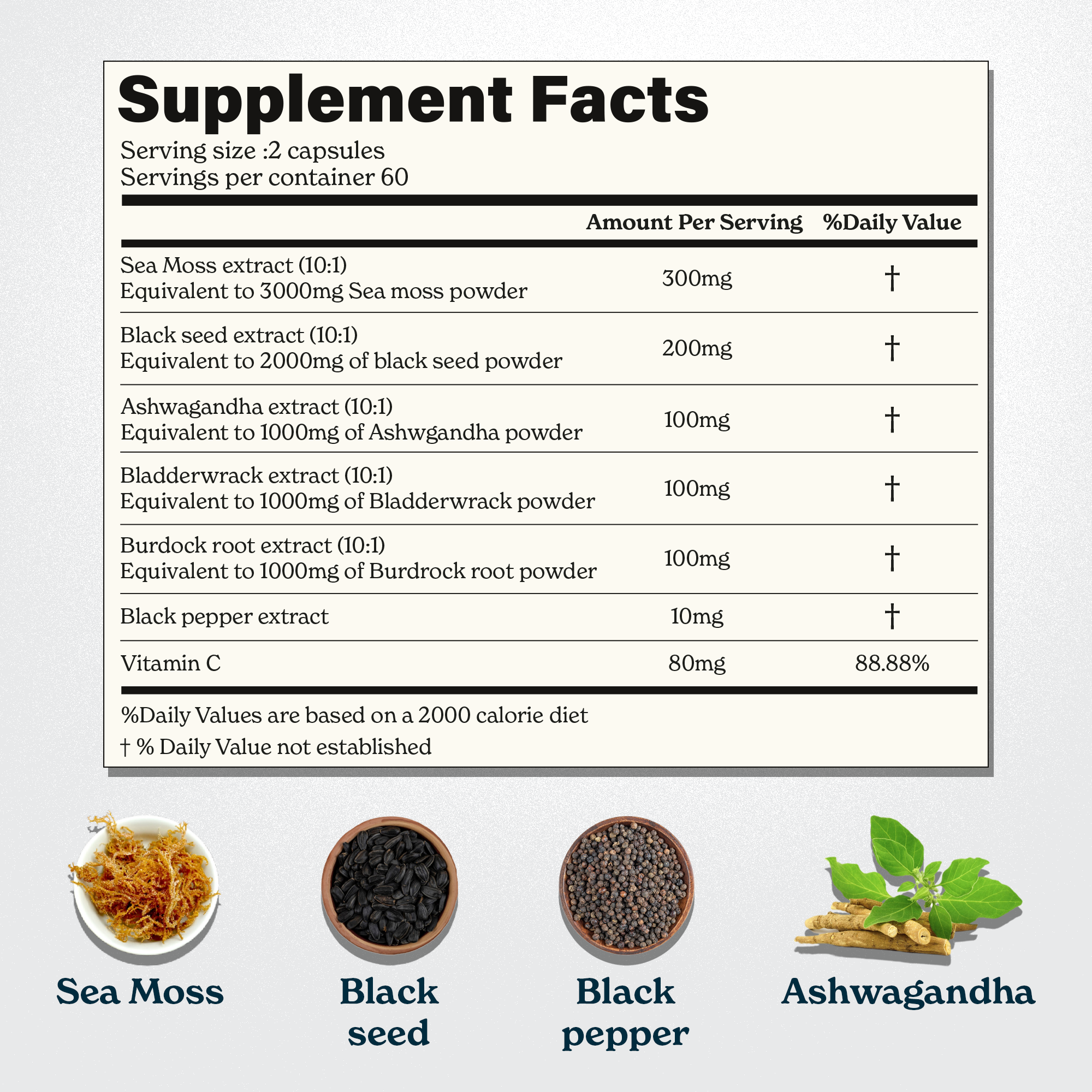 Azuretale INC - Wholesale Oral Supplement/Vitamin - Sea Moss Capsules With Ashwagandha | Vitamin C, Black Seed Oil, Black Pepper | 7-in-1 Supplement2