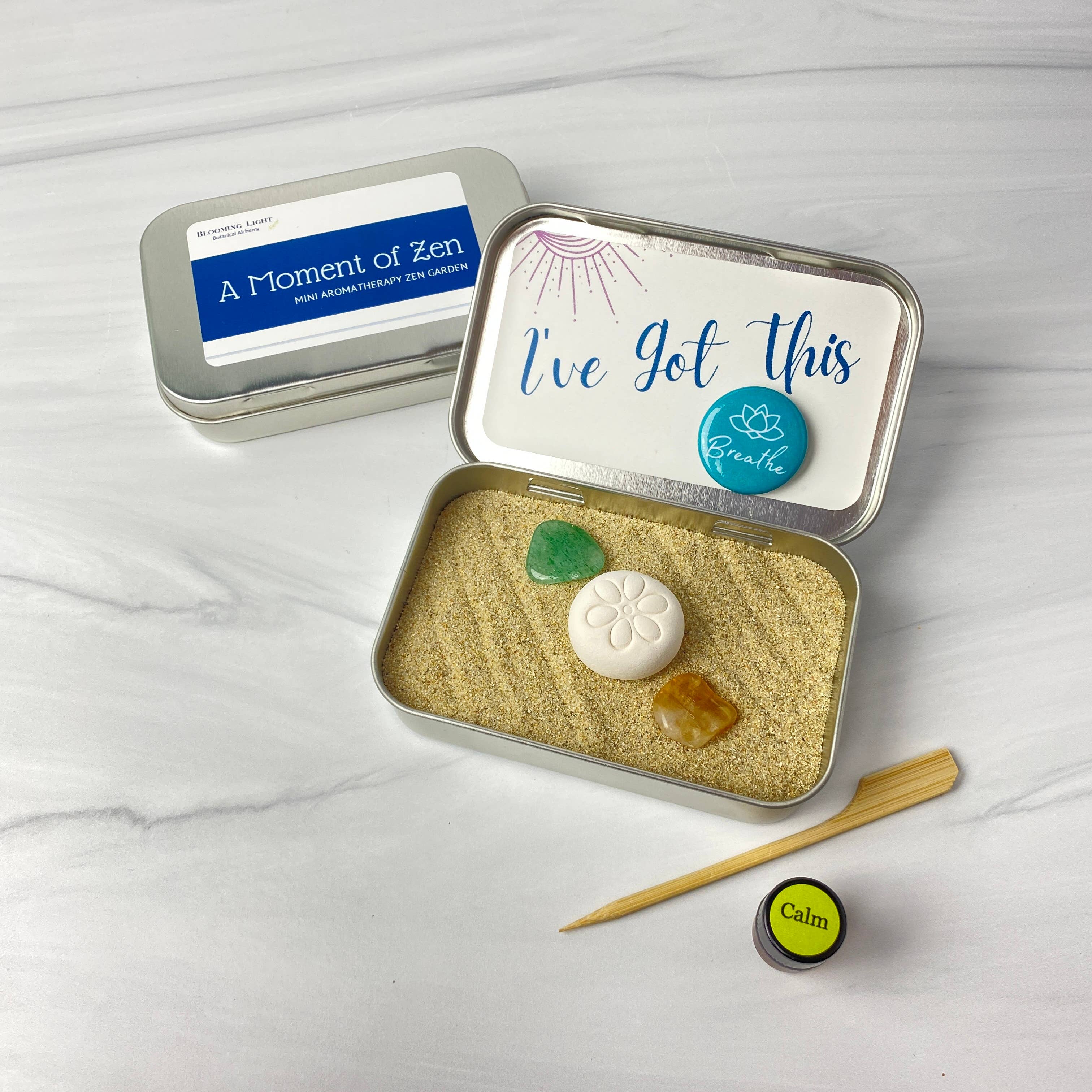 Blooming Light Botanical Alchemy, llc - Wholesale Meditation Supplies - A Moment of Zen Kit, a miniature aromatherapy zen garden kit