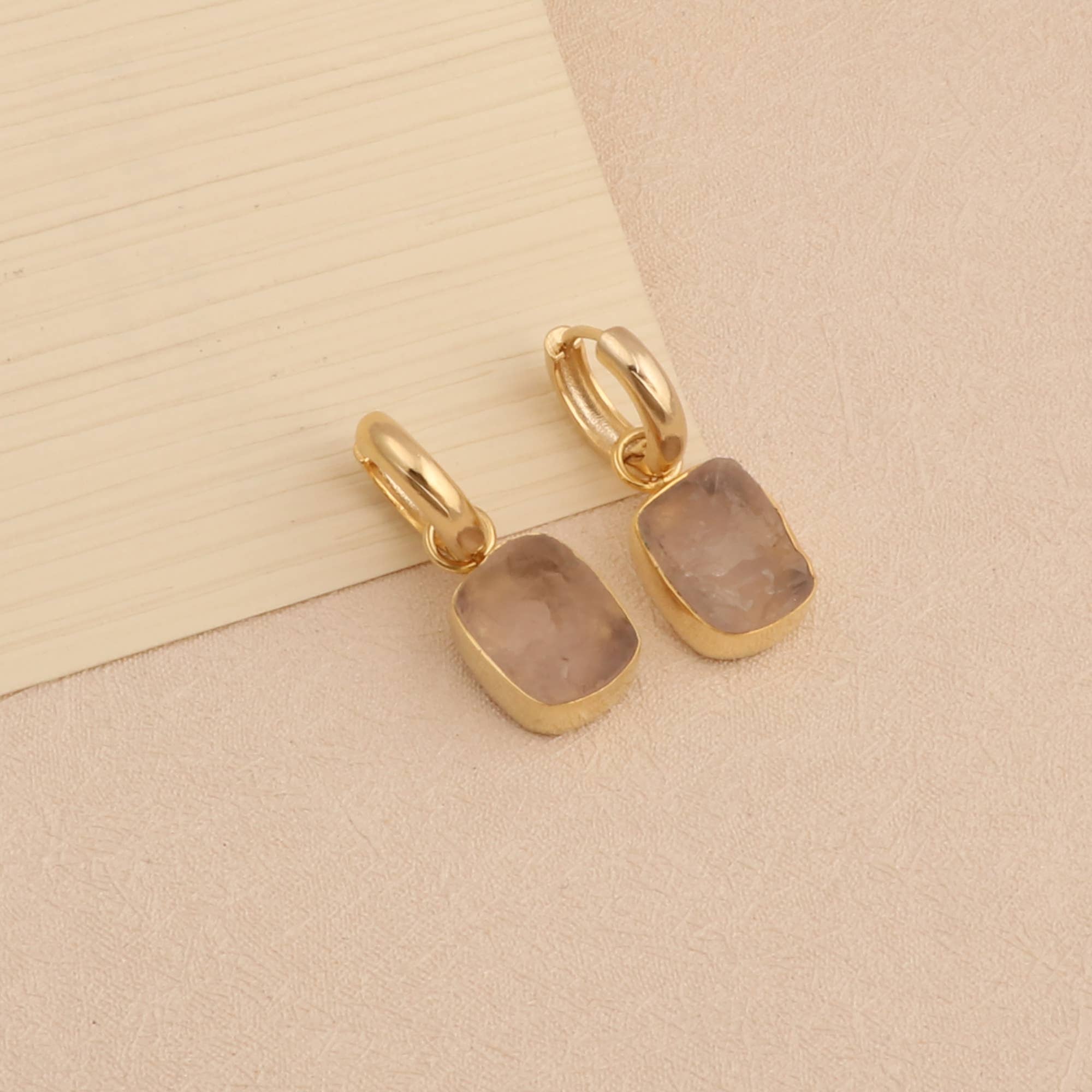 El Joyero - Wholesale Dangle Earrings - Rose Quartz Gemstone Gold Plated Dangle Hoop Earrings4