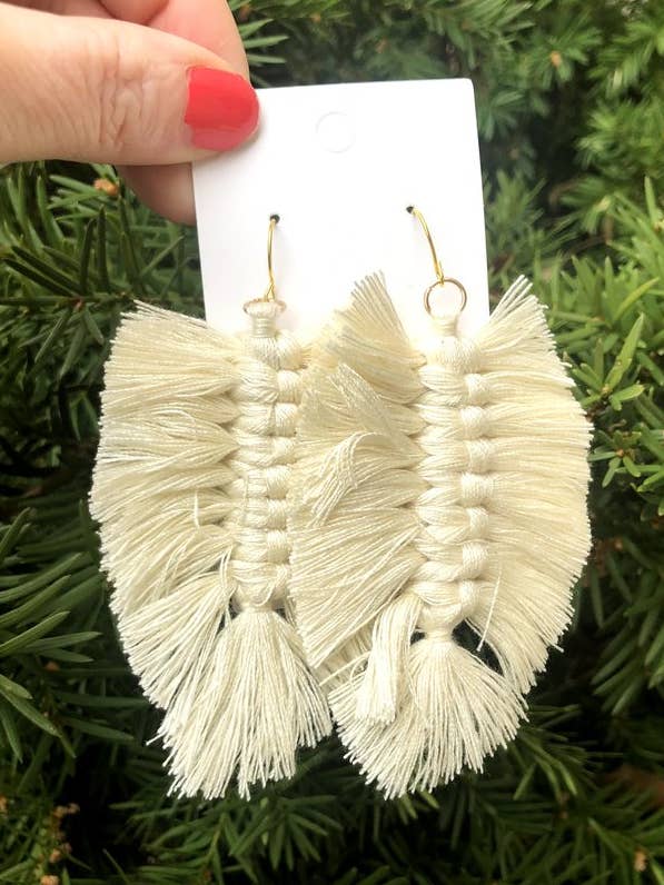 Cream Macrame Leaf Earrings for wholesale by Baubles by B