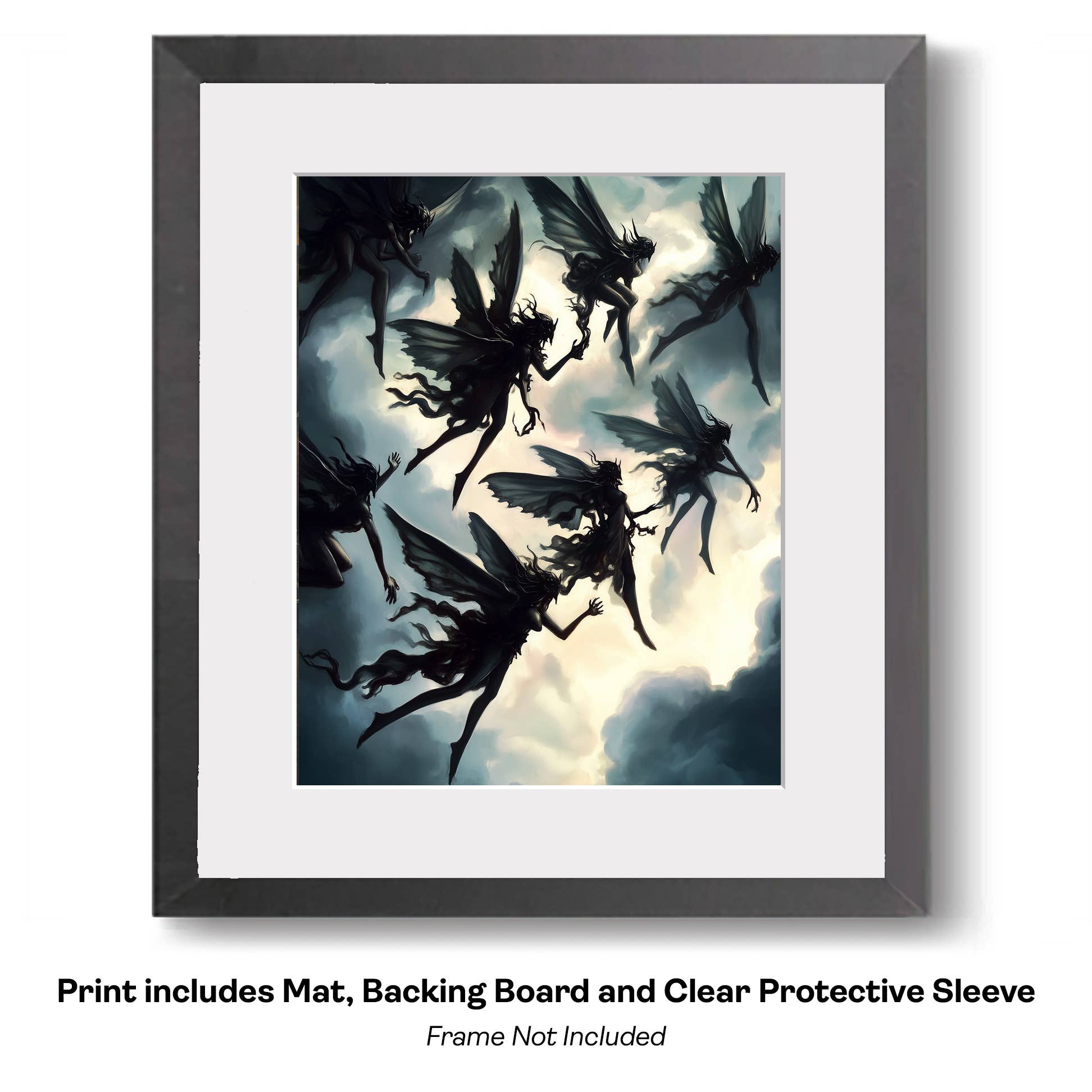 Mowbi - Wholesale Art Print - Goth Fairy Flying Through Canyons on Her Bat - Very Grim Fairytale Prints – 8″x10″ Artwork in 10″x12″ Mat8