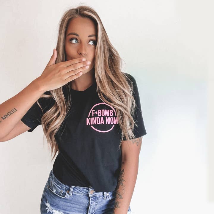 Sweetees Apparel - Wholesale Screen Printed T-Shirt - Women's - F-Bomb Kinda Mom Tee - Black w/ Pink Print