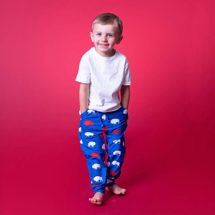 Kid's Red and Blue Buffalo Joggers for wholesale by Buffalo Seamery
