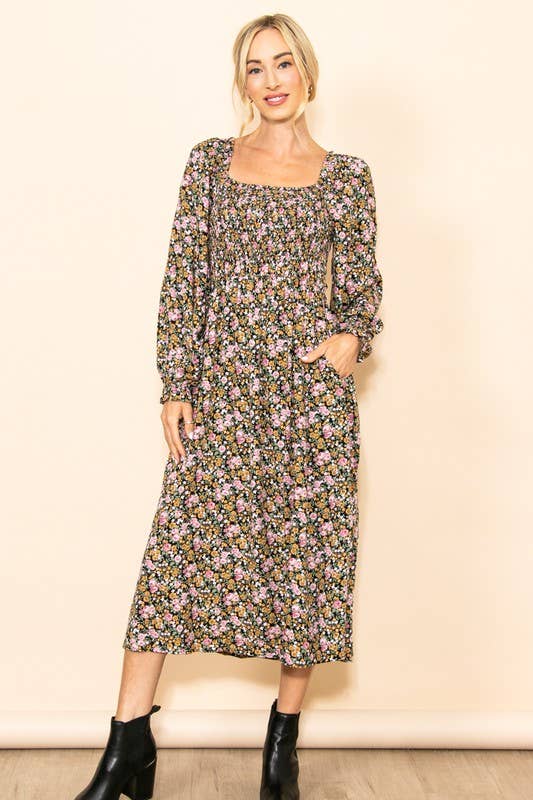 Elloh Collection – wholesale Dress – Women's – On Off Shoulder Long Sleeve Wide Flare Floral Midi Dress4