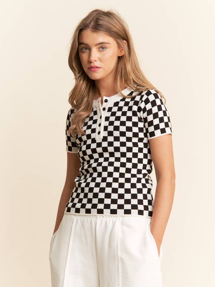 Short Sleeve Henley Checkered Top S-L / 1X-3X for wholesale by J.NNA