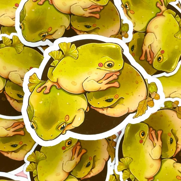 Cozy Frog Sticker | Autumn Frog Pile | Frog Sticker Vinyl for wholesale by BubblesArtCraft