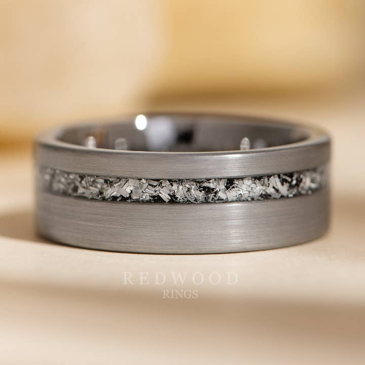 Anello in tungsteno in argento con intarsio in meteorite - 8 mm per la vendita all'ingrosso da parte di Redwood Rings