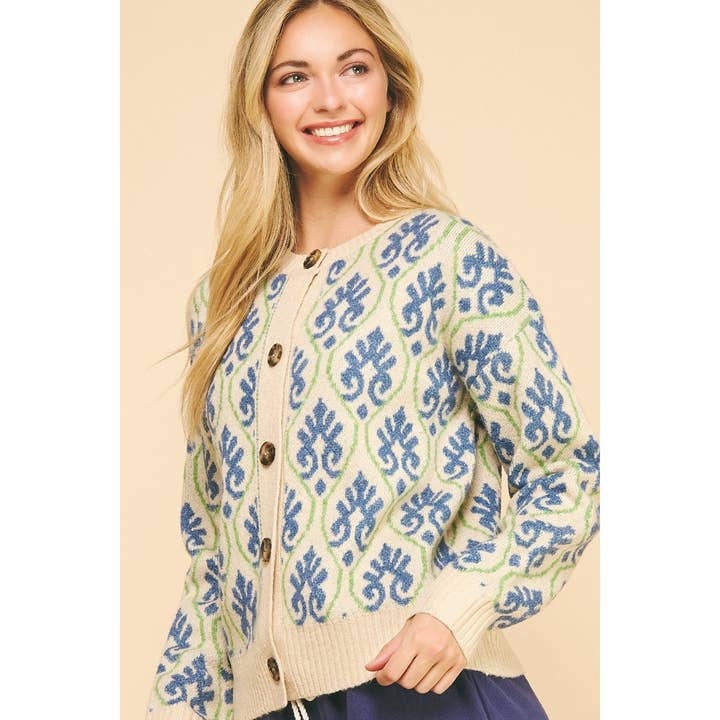 OATMEAL MULTI Cozy jacquard knit cardigan for wholesale on Faire1