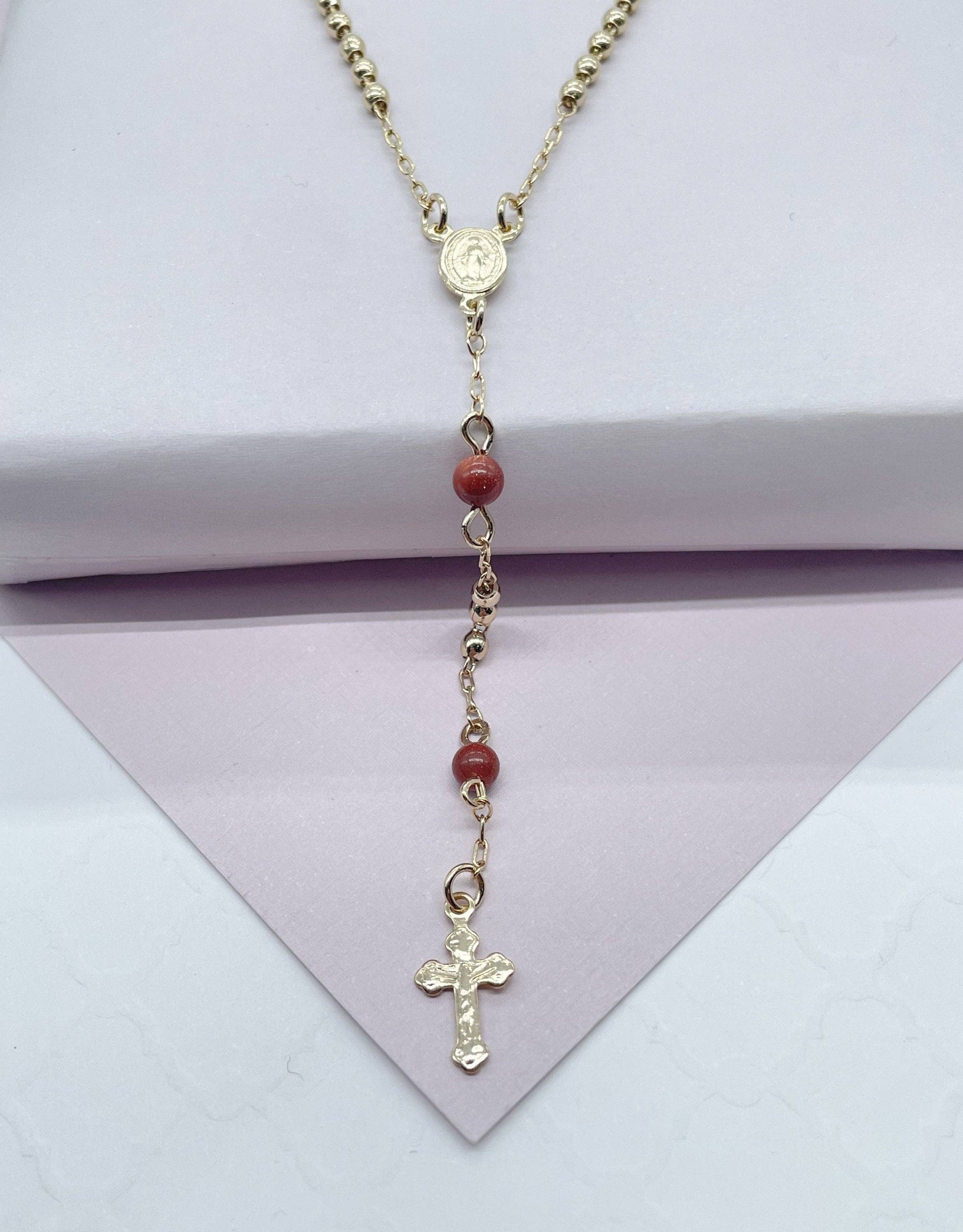 Milie - Wholesale Prayer Beads Necklace - 18k GF Rosary: Brown Aventurine Beads, Victorian Cross1