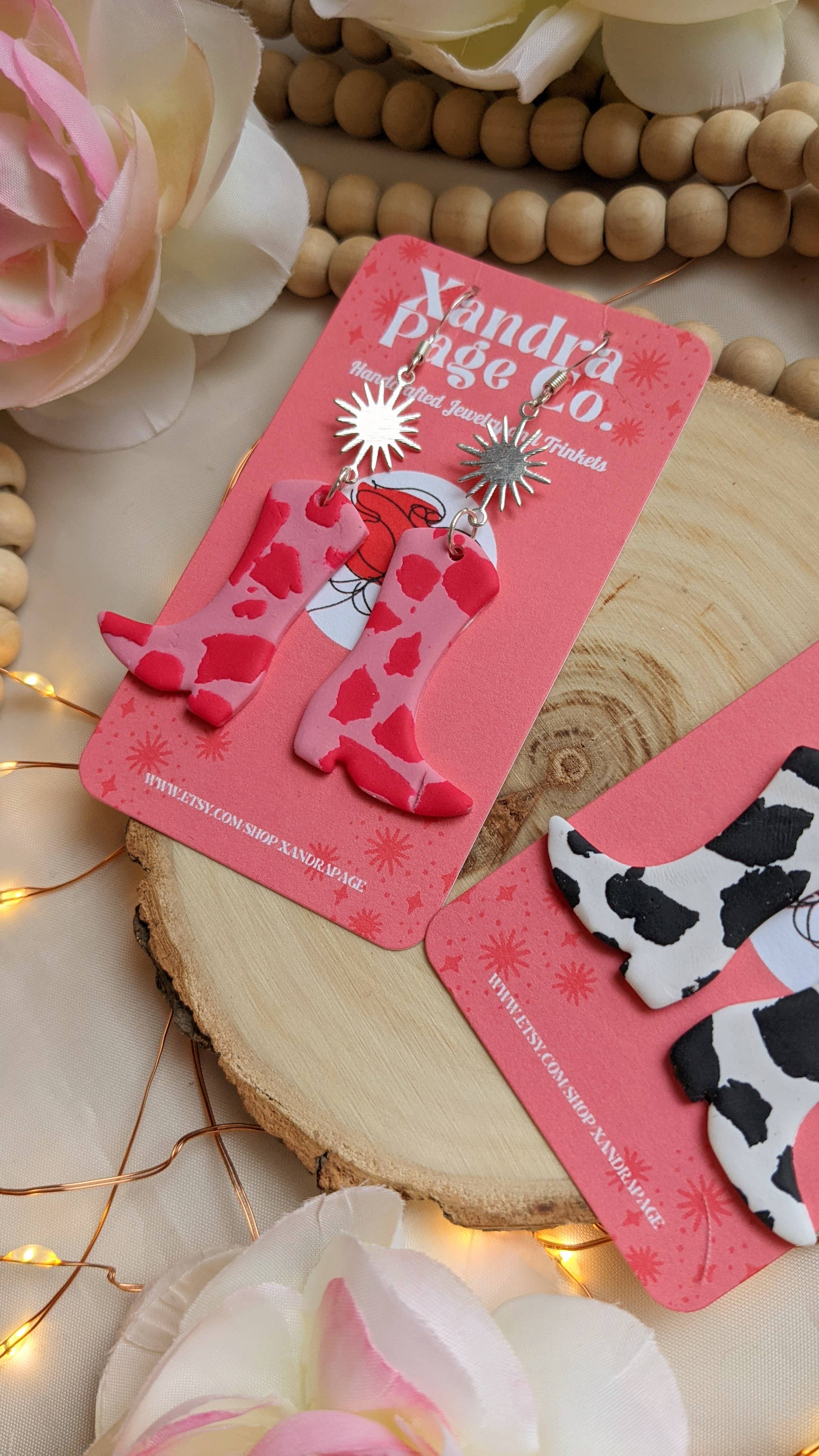 Xandra Page Co. - Wholesale Stud/Post Earrings - Cowboy Boot Earrings | Polymer Clay Cow print Pink & BW2