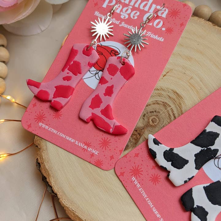 Xandra Page Co. - Wholesale Stud/Post Earrings - Cowboy Boot Earrings | Polymer Clay Cow print Pink & BW2