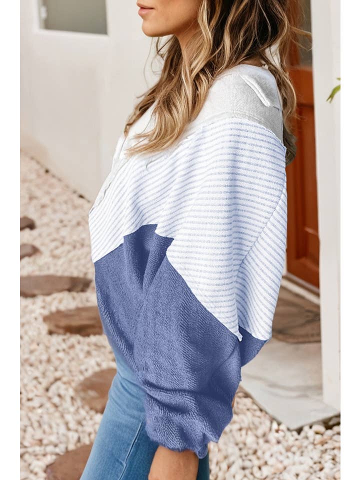 Light Grey LDC Oversized Striped Colorblock Dolman Sleeve Collared Top for wholesale on Faire1