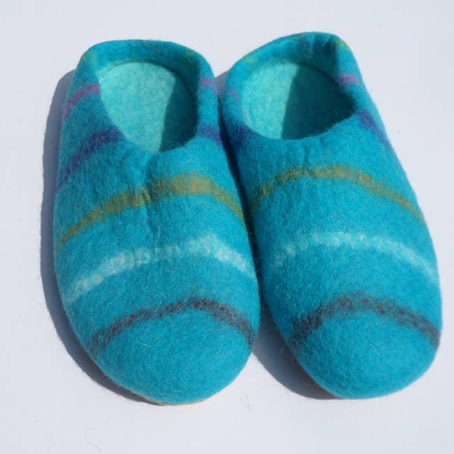 Turquoise Stripy Felt Slip On Slippers For Adults for wholesale by Koseli Handmade