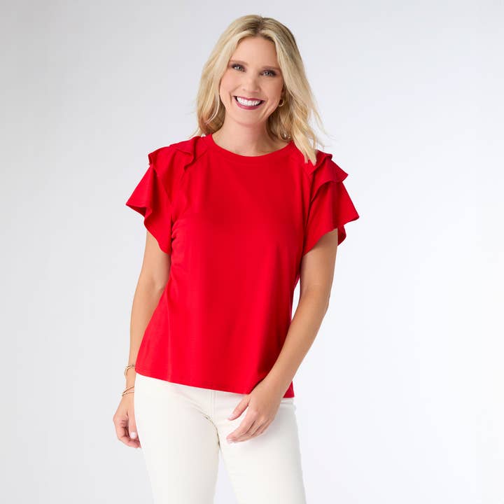 COCO + CARMEN - Wholesale Blouse - Women's - Mandy Cap Sleeve Ruffle Tee - 4th of July