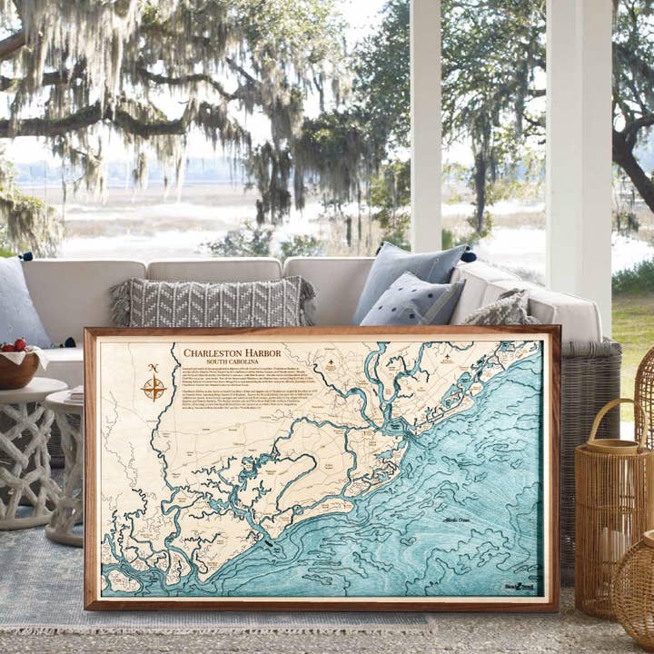 Sea & Soul Nautical Chart Art - Wholesale Map - Charleston Harbor Coastal 3D Wood Map Wall Art