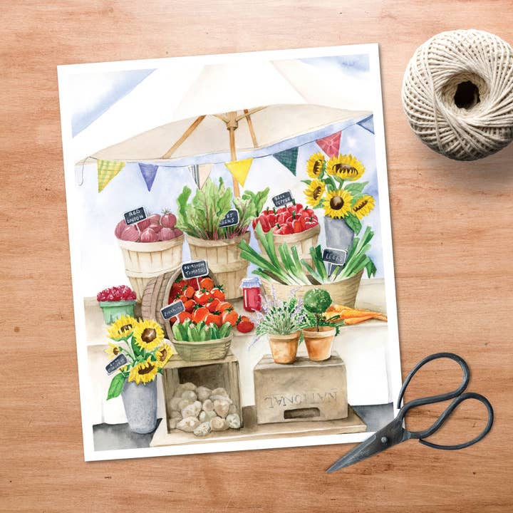 Farmer's Market Produce Stand Watercolor Print for wholesale by Jessica Flores Design