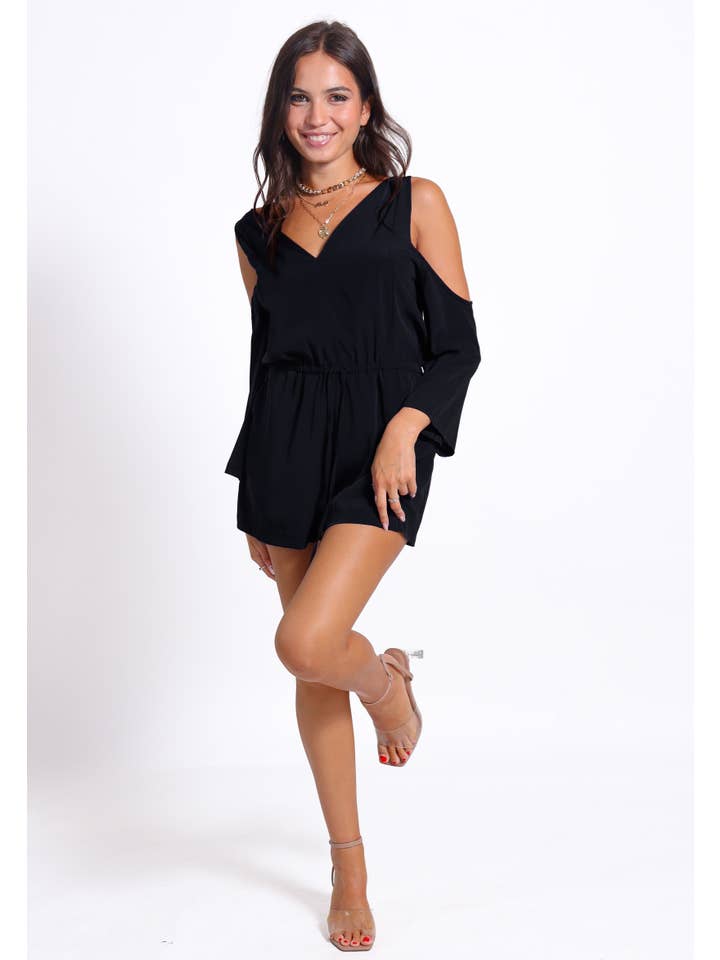 Black Cold Shoulder Playsuit in Black| Shadi for wholesale on Faire