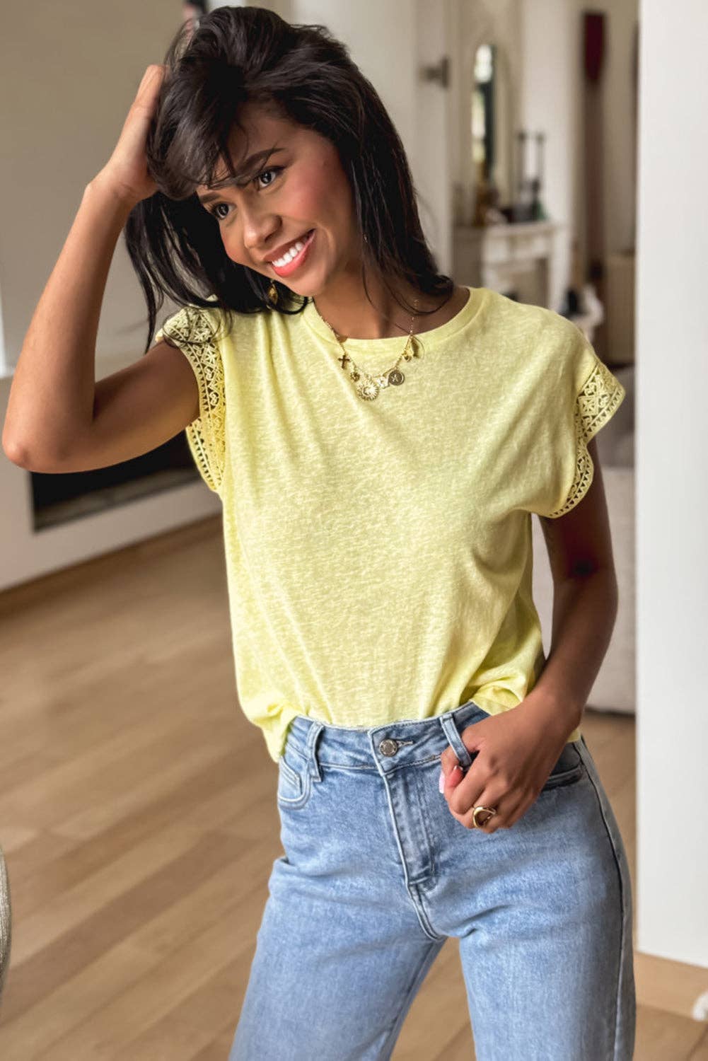 Yellow Cream Lace Patchwork Cap Sleeve Round Neck T Shirt for wholesale on Faire4