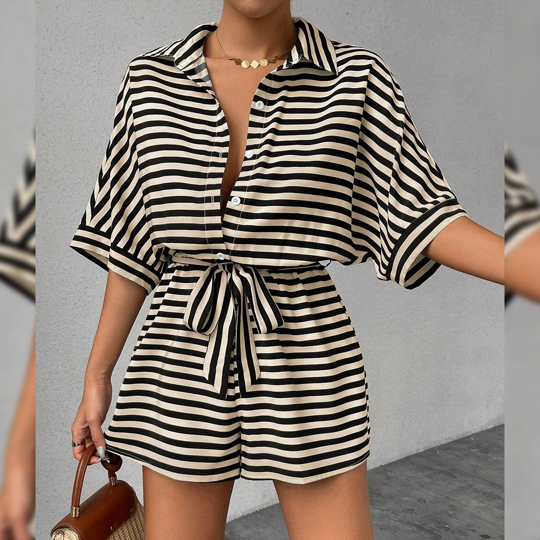 UNISHE - Wholesale Romper - Women's - Summer Striped Lapel Button-Up Belted Shorts Romper AXR1295