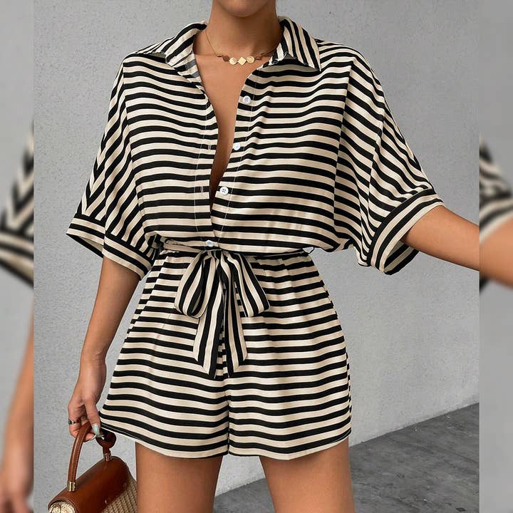 UNISHE - Wholesale Romper - Women's - Summer Striped Lapel Button-Up Belted Shorts Romper AXR1295